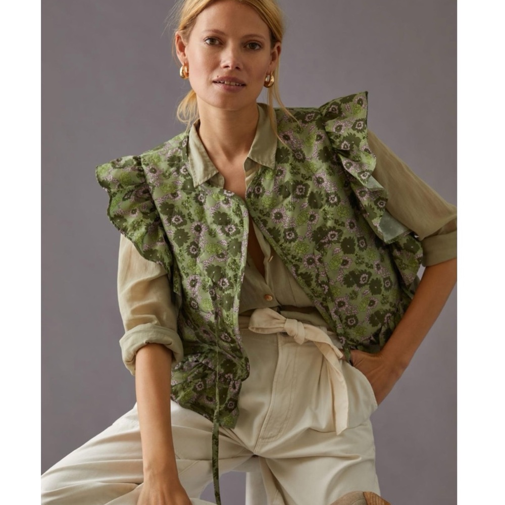 Anthropologie Green Floral Vest